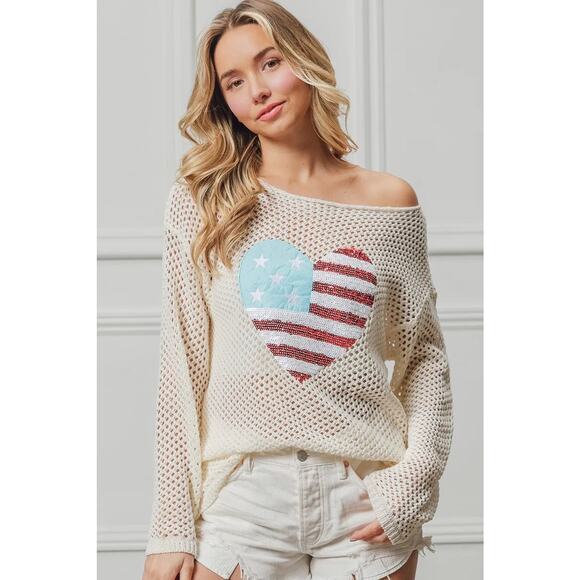 BiBi Sequin Detail American Flag Heart Patch Open Knit Cover Up Top | Off White - Picture 4 of 11